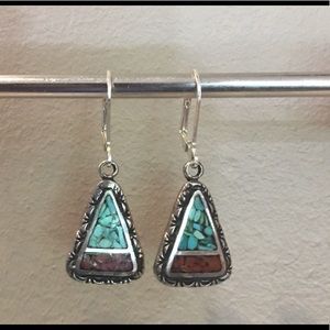 Vintage turquoise and spiny oyster inlay earrings